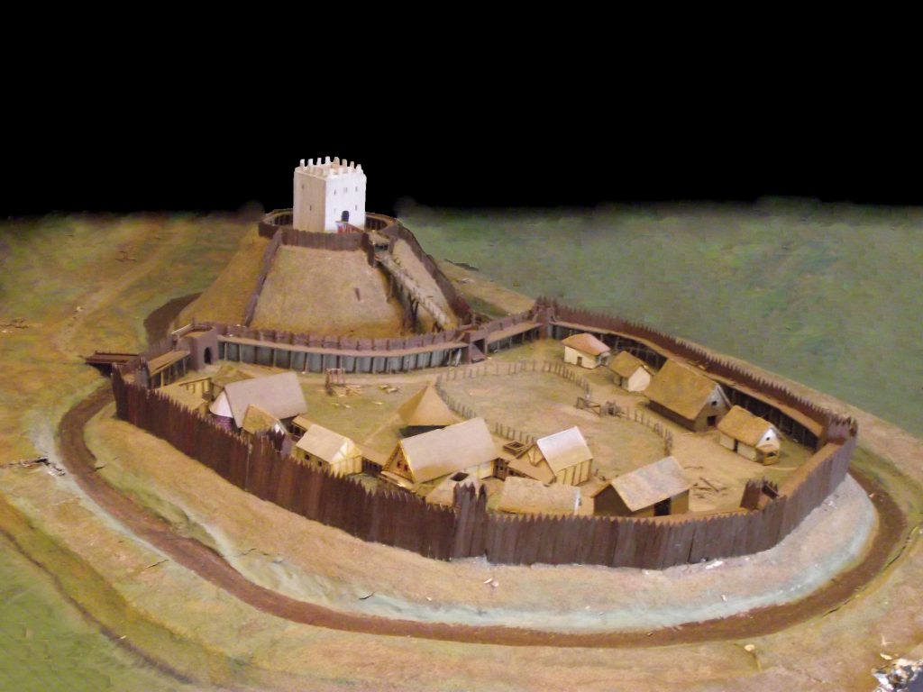 A reconstruction of the early motte-and-bailey design of Dudley Castle